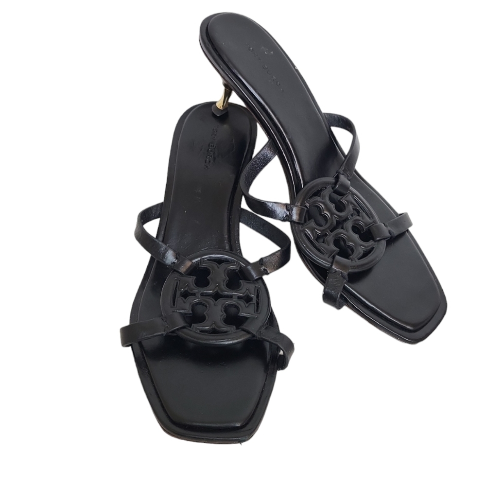 Tory Burch Miller Heeled Sandal Geo Bombe Black Leather Kitten Slip On